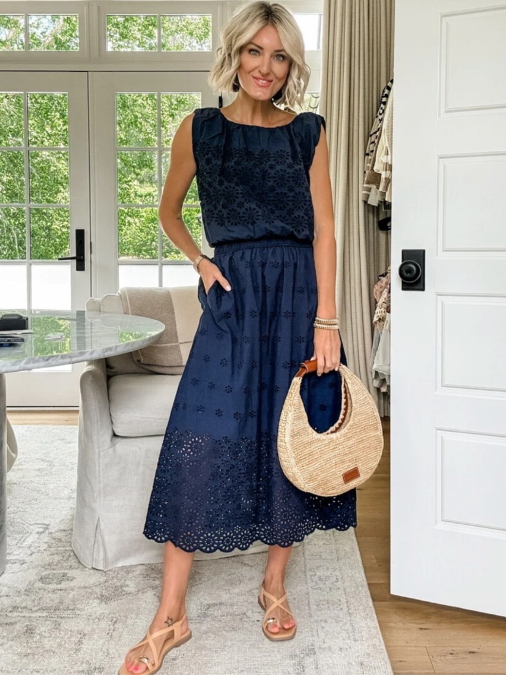 LOFT Navy Eyelet Side Tie Pleated Bubble Top & Maxi Skirt Set Size Large